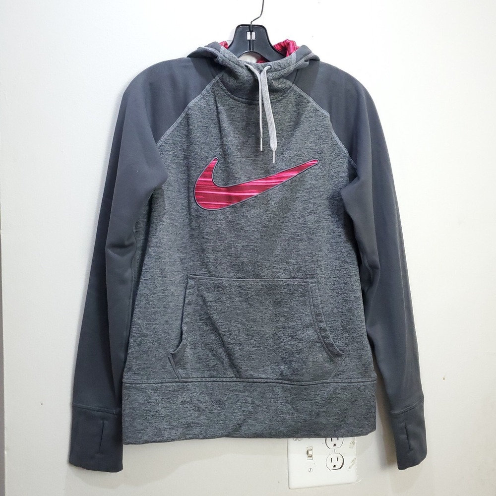 Nike Therma-Fit Womens‎ Pullover Hoodie Size Medium Gray Fucsia Polyester Swoosh